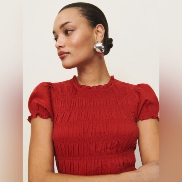 NEW Reformation Kiria Midi Drop Waist Short Sleeve Dress Lipstick Red | size 0 - Picture 4 of 14